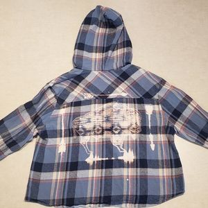 Crop Top Flannel Hoodie w/ Distressed Buffalo